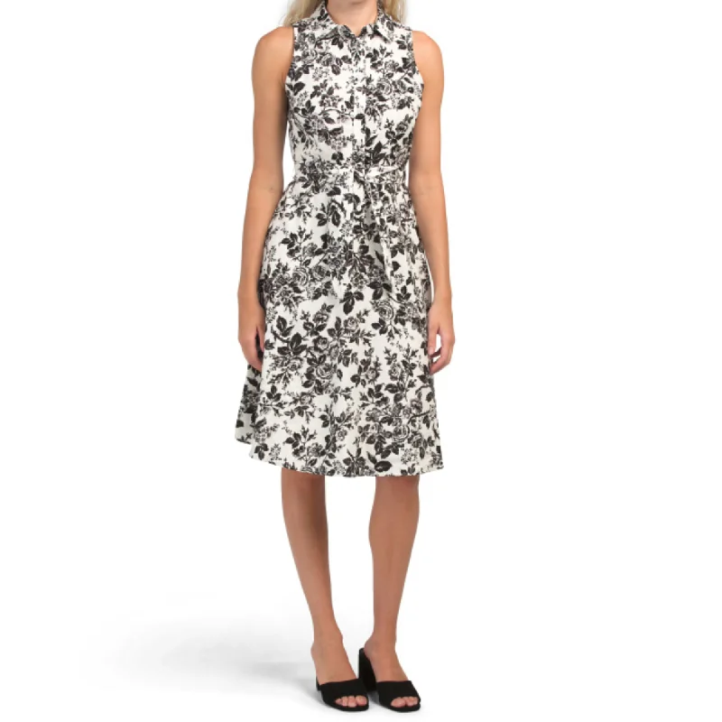 Season-End Deals London Times Women's Linen Floral Print Tie Waist Button Closure Shirt Midi Dress