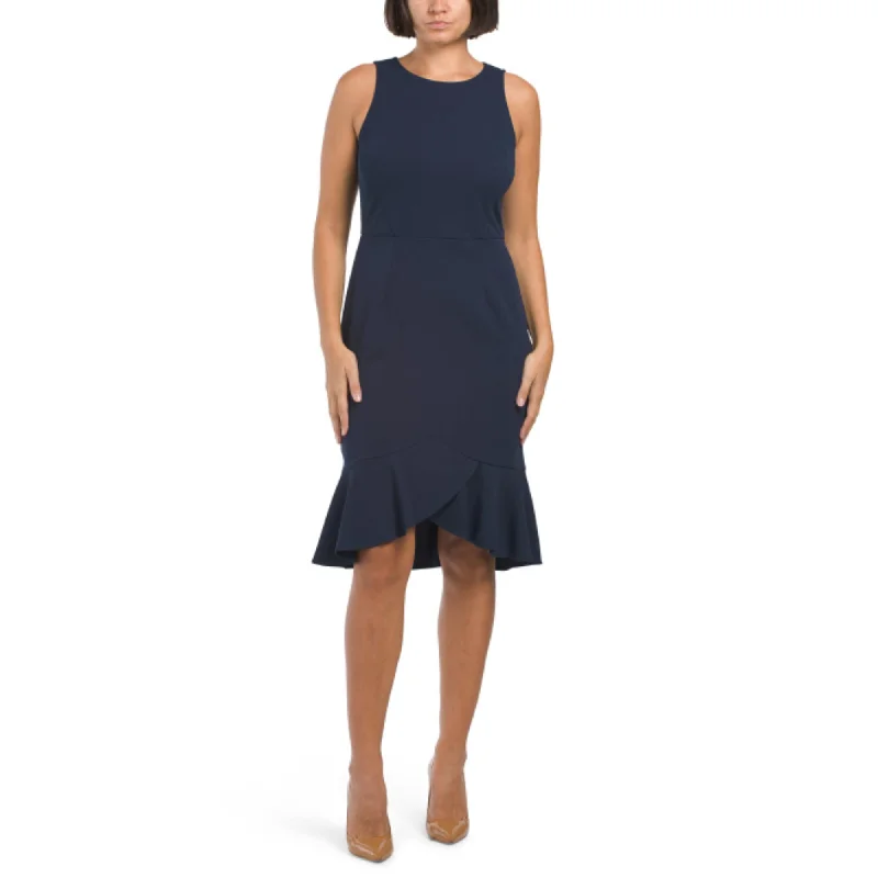 Weekend Bonanza London Times Women's Scuba Crepe Ruffle Hi-low Hem Midi Dress
