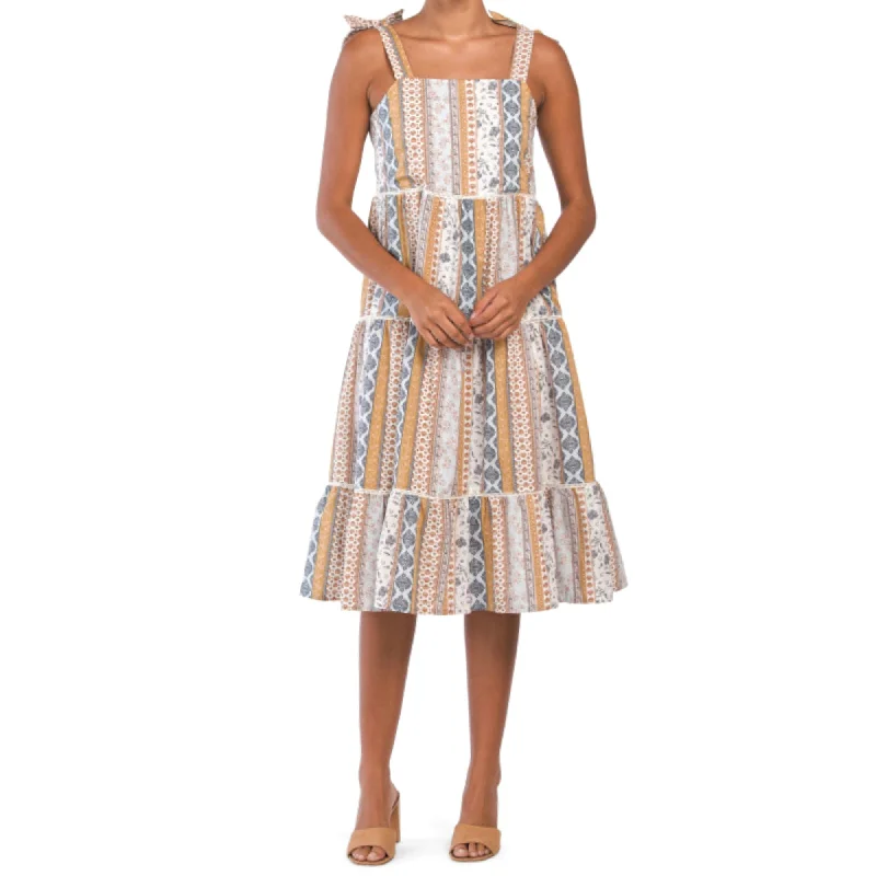 Weekend Hot Picks Lucky Brand Women's Floral Stripe Shoulder Tie Smock Tiered Cotton Summer Midi Dress
