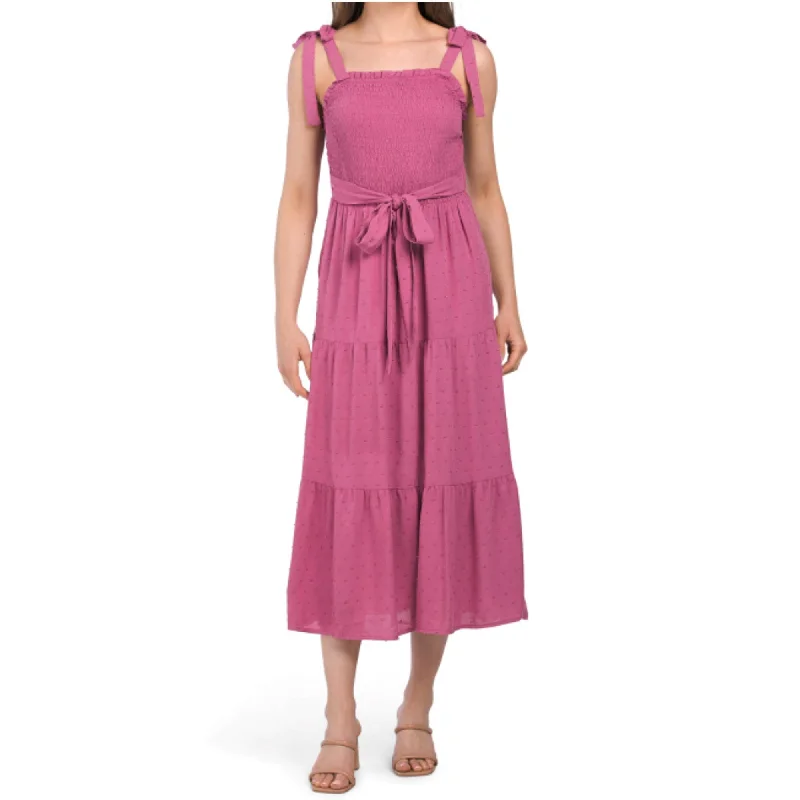 Weekend Super Sale Lucky Brand Women's Swiss Dot Smocked Top Tired Midi Dress