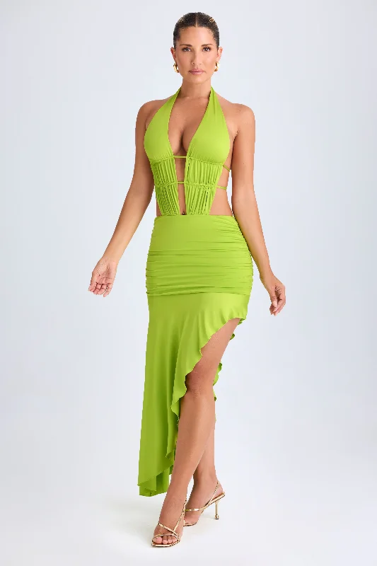 Special Offers Asymmetric Cut-Out Halterneck Midaxi Dress in Lime Green