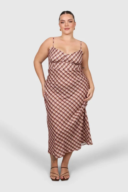 Clearance Event MARGOT SLIP MIDI DRESS BROWN CHECK