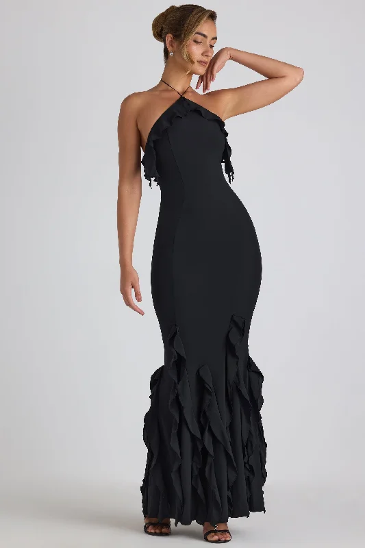 Weekend Offers You Love Ruffle-Trim Halterneck Gown in Black