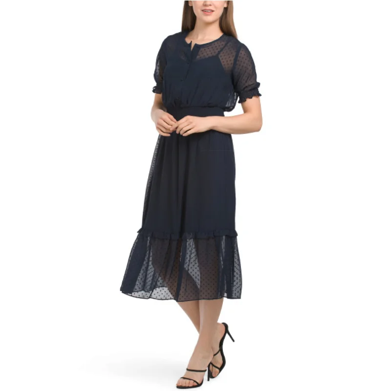 Weekend Discount Blast NANETTE LEPORE Women's Ruffle Hem Chiffon Clip Dot Midi Dress