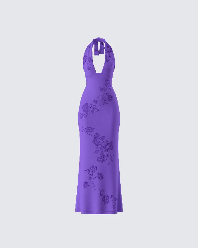 Weekend Deal Rush Nari Purple Rhinestone Plunge Maxi Dress