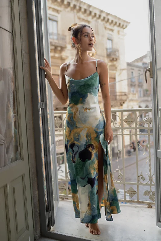 Weekend Only Deals Natalia Blue and Gold Watercolor Maxi Dress
