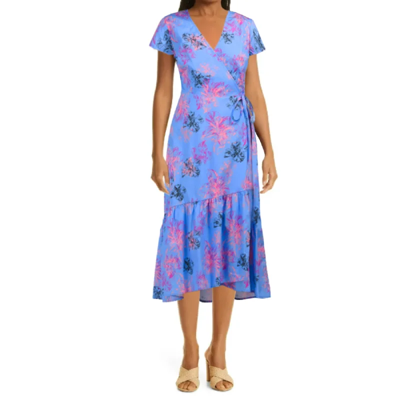 Limited Time Only NEIMAN MARCUS Floral Print Ruffle Hi-Low Hem Cotton Wrap Midi Dress