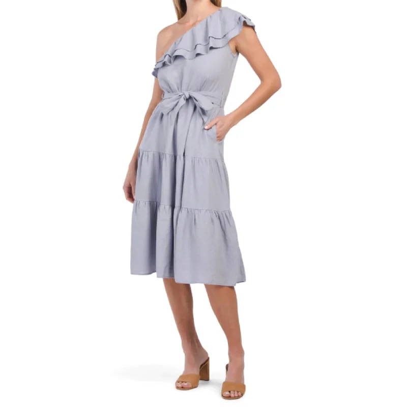 Weekend Price Drop Frenzy Nicole Miller Asymmetrical One Shoulder Ruffle Trim Linen Tiered Midi Dress