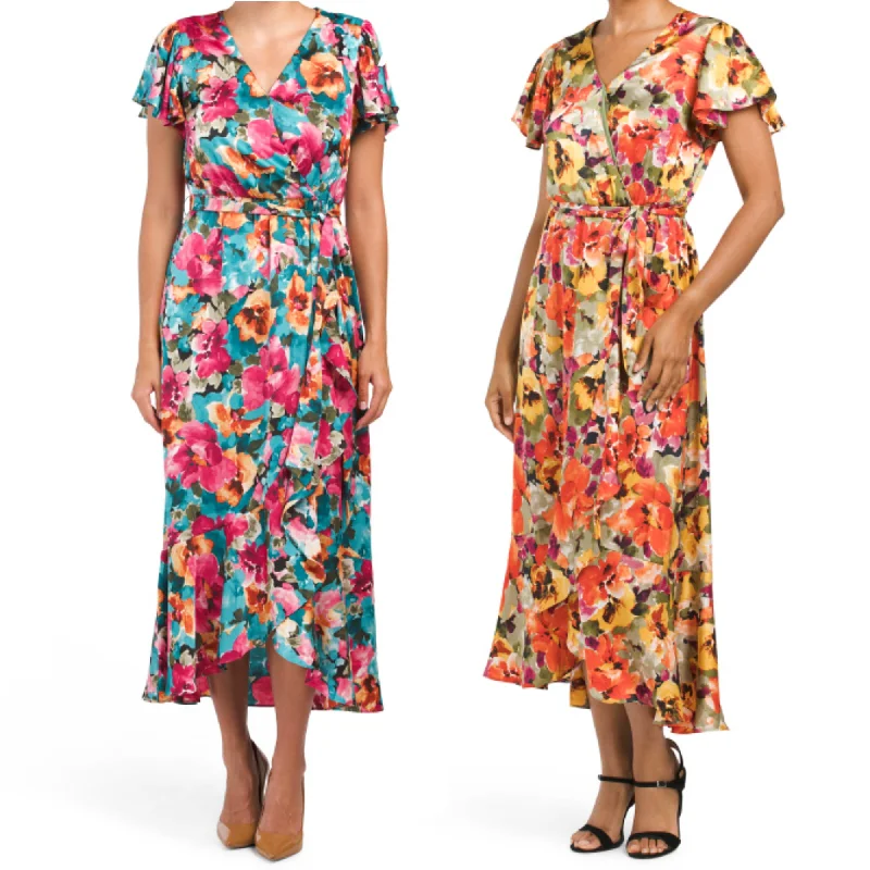 Deal of the Week Nicole Miller Women's Floral Print Satin Asymmetrical Ruffle Front Wrap Midi Dress