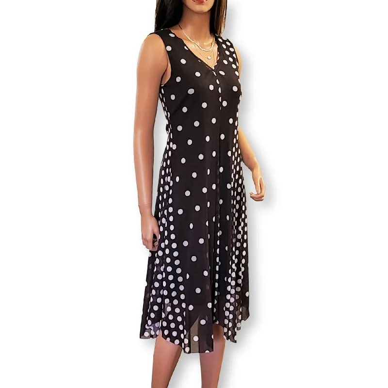 Weekend Price Slash Event T TAHARI Polka Dot print Sharkbite Hem Mesh Overlay Midi Dress