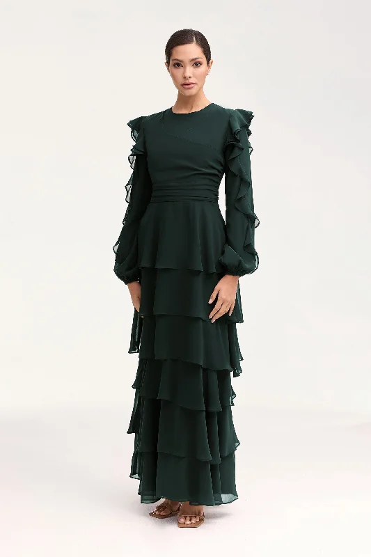 Hurry, While Stocks Last Renad Tiered Chiffon Maxi Dress - Emerald
