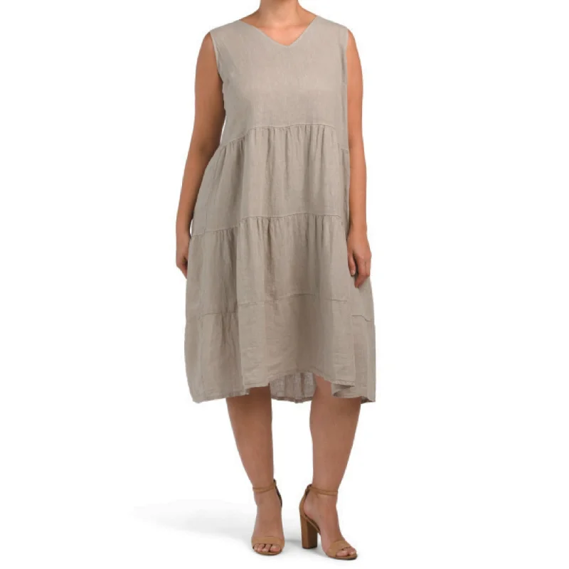 Weekend Clearance Frenzy ROSEMARINE Plus Made In Italy Linen Sleeveless V-Neck Tiered Midi Dress