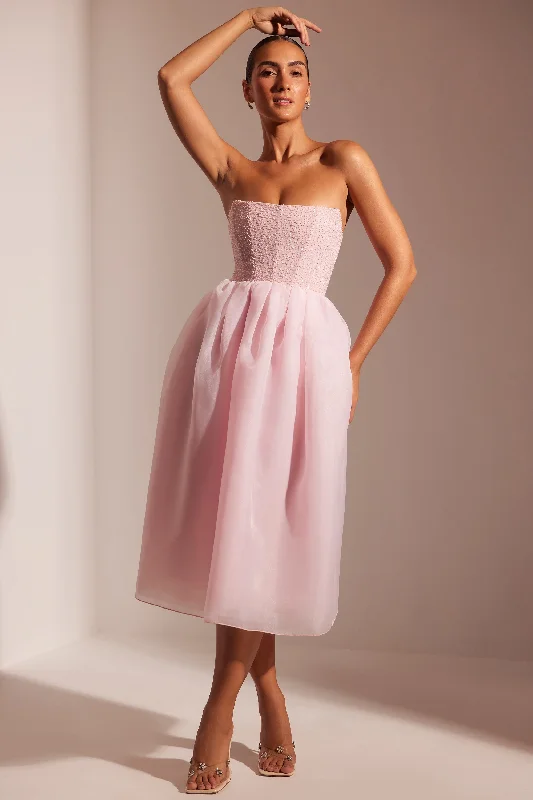 Flash Offer Embellished Corset Tulle Skirt Midi Dress in Blush