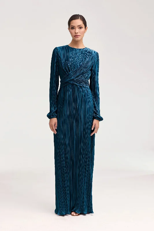 Special Price Drop Samara Satin Plisse Wrap Waist Maxi Dress - Lapis Blue