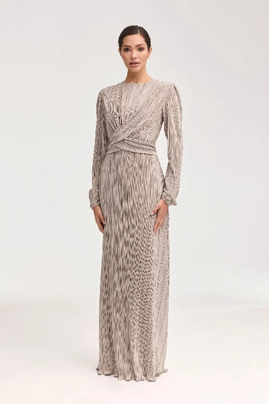 Shop & Save Today Samara Satin Plisse Wrap Waist Maxi Dress - Taupe