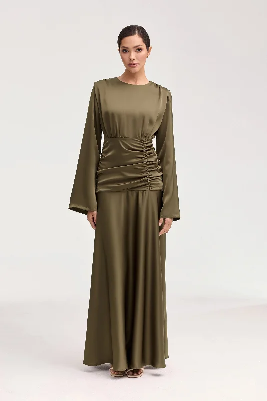 Today's Offer Shams Satin Side Rouched Maxi Dress - Olive