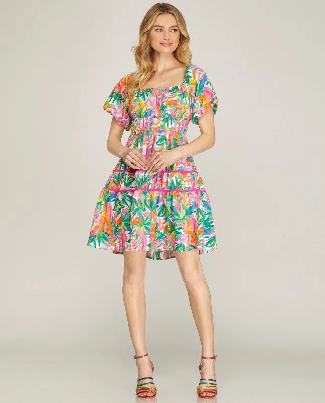 Flash Sale Short Sleeve Tiered Print Dress