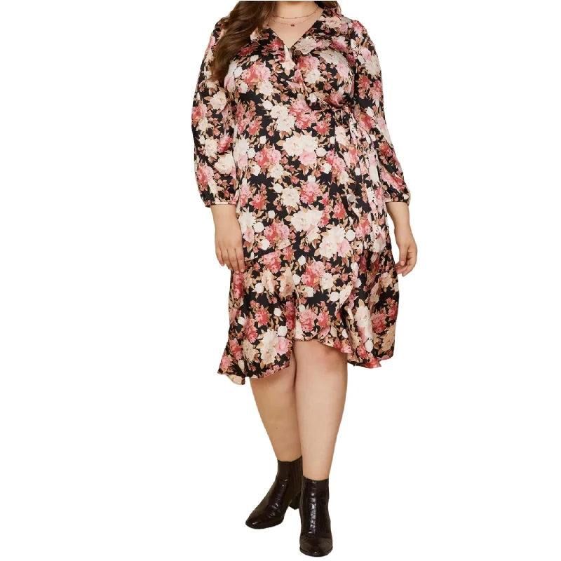 Weekend Super Sale Frenzy Skies are Blue Plus Rose Print Ruffle Trim Floral Wrap Midi Dress