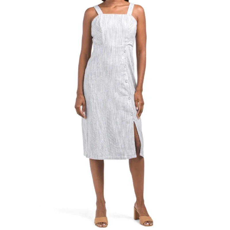 Limited-Time Deal Tahari Linen Strappy Button Closure Stretch Striped Midi Dress