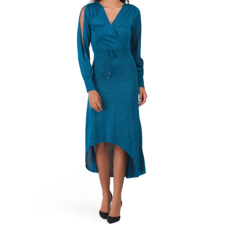 Weekend Exclusive Bargains Vertigo Paris Surplice V-Neck Split Sleeve Hi-low Hem Metallic Shimmer Party Midi Dress