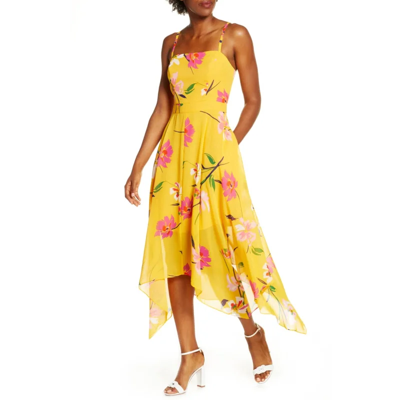 Price Slash Event Vince Camuto Women's Fit & Flare  Sharkbite Hem Floral Print Midi Dress