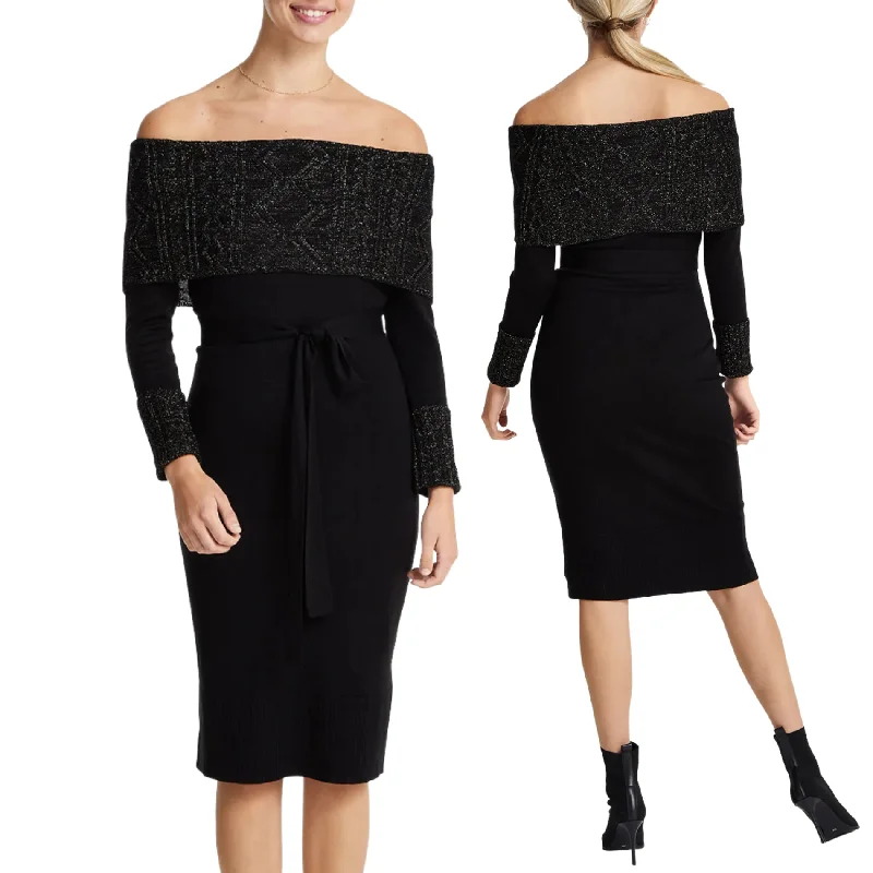 Weekend Sale Day Vince Camuto Lurex Cuff Off the Shoulder Knit Cocktail Midi Dress Black