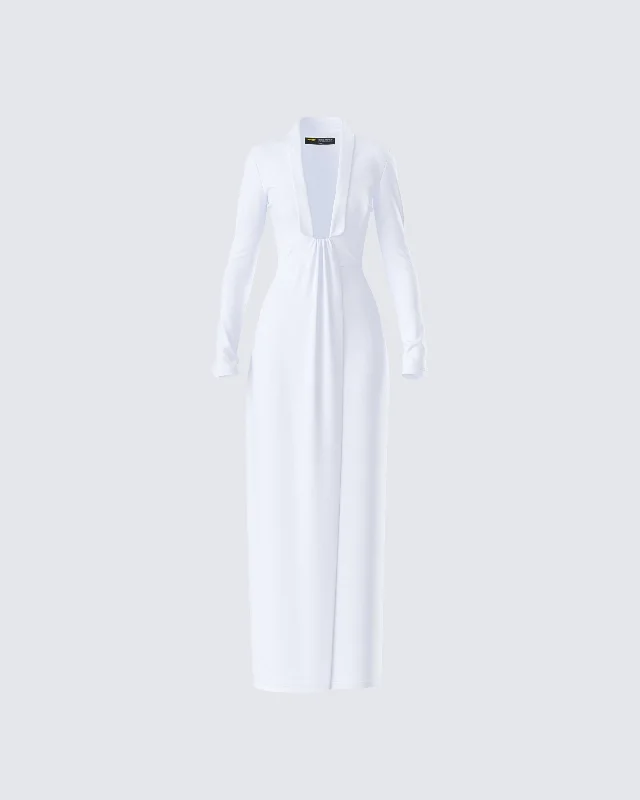 Weekend Deal Rush Zaida White Plunge Maxi Dress