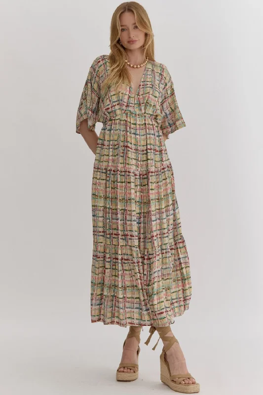 Weekend Flash Offers Multi-Color Plaid Print Deep V-Neck Midi Dress