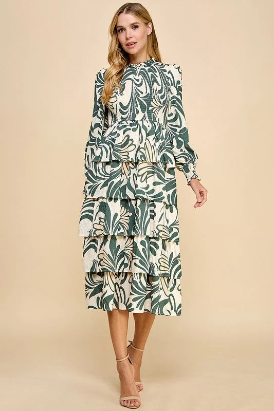 Weekend Hot Picks Abstract Print Tiered Ruffle Midi Dress