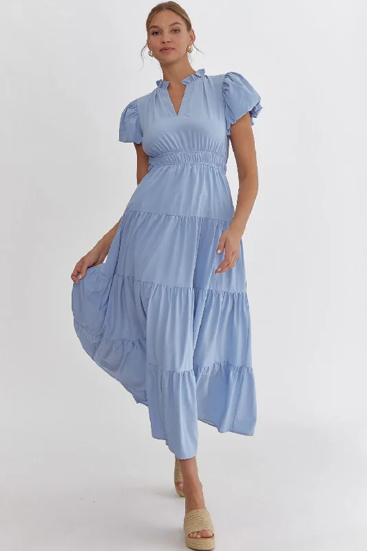 Weekend Only Steals V-Neck Bubble Sleeve Tiered Midi Dress