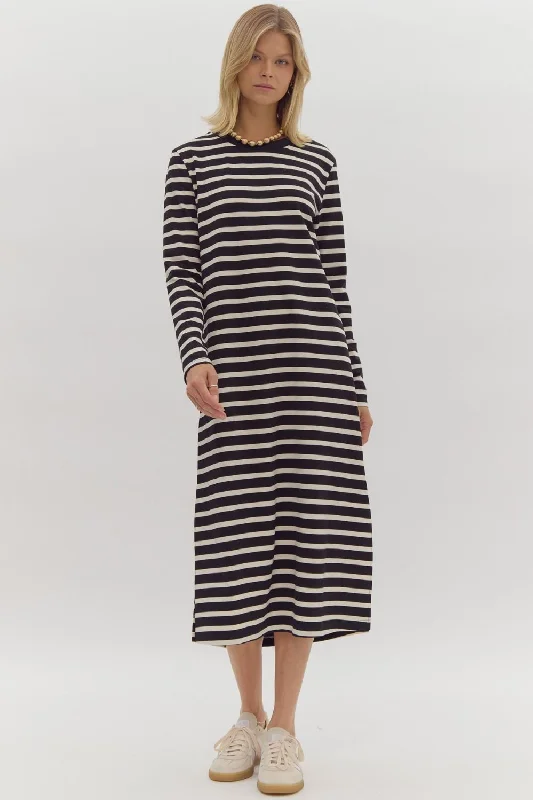 Weekend Bargain Deals Stripe Print Round Neck Long Sleeve Midi Dress