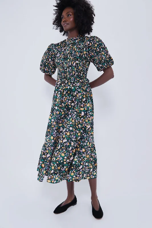 Grab It Now Black Multi Floral Smocked Samantha Midi Dress