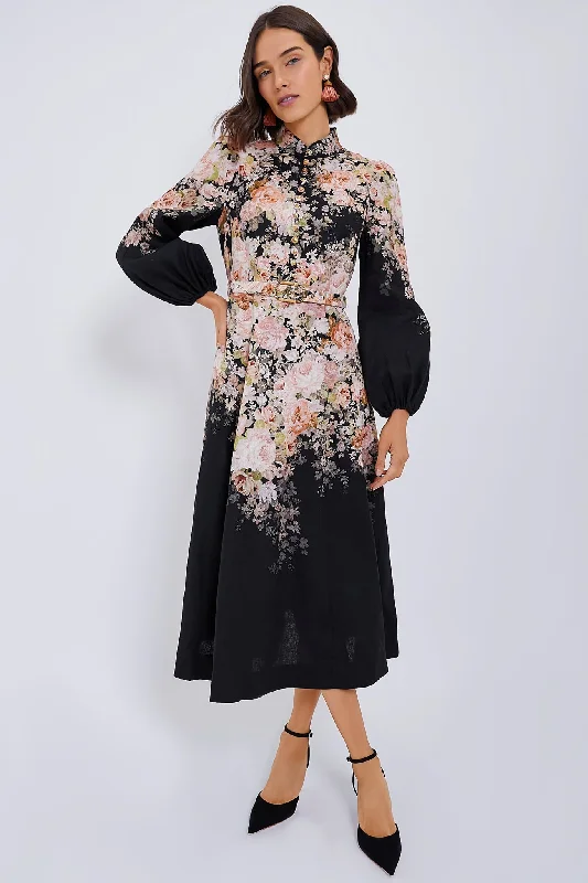 Shop & Save More Black Rococo Floral Illustration Buttoned Midi Dress