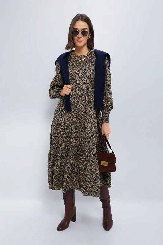 Flash Offer Navy & Tan Floral Anja Midi Dress