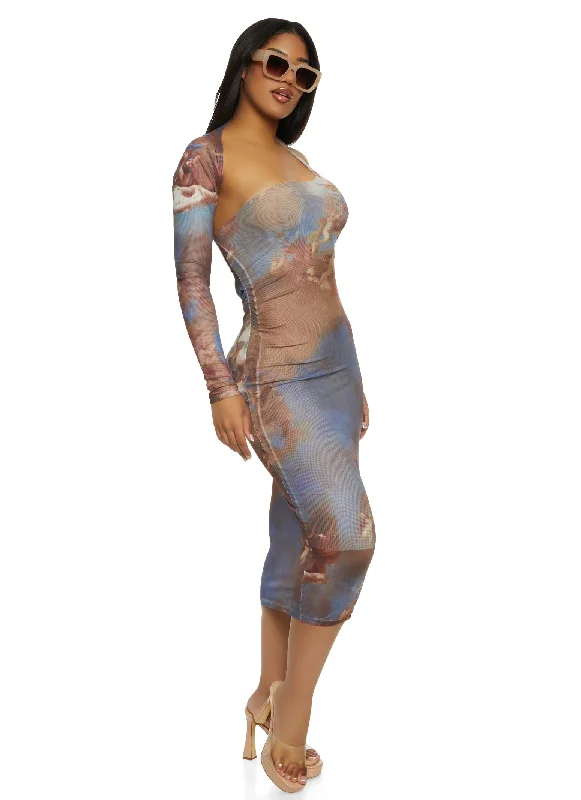 Weekend Offers You Love Printed Mesh One Shoulder Midi Dress