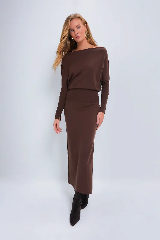 Limited Stock Chocolate Janese Off the Shoulder Midi Dress