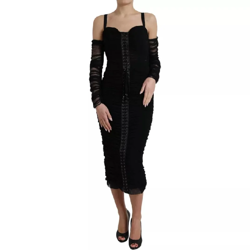 Weekend Hot Prices Dolce & Gabbana Black Cold Shoulder Stretch Tulle Midi Dress