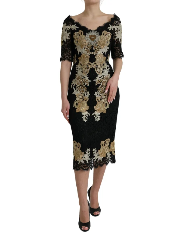 Weekend Price Slash Dolce & Gabbana Black Floral Lace Cotton Sheath Midi Dress