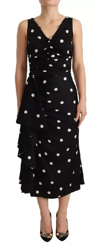 Weekend Steal of the Day Dolce & Gabbana Black Silk Polka Dots V-neck Sheath Midi Dress Weekend Steal of the Day Dolce & Gabbana Black Silk Polka Dots V-neck Sheath Midi Dress