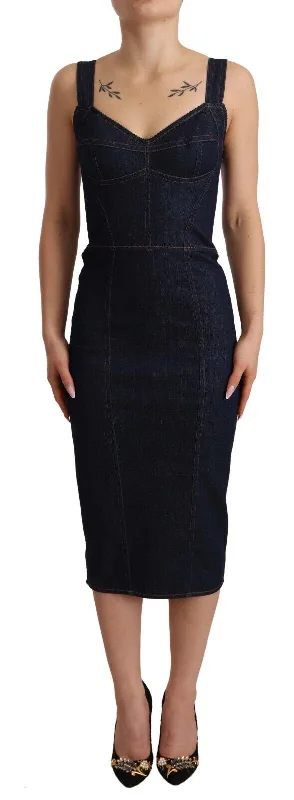 Weekend Mega Deals Dolce & Gabbana Elegant Dark Blue Denim Sheath Midi Dress