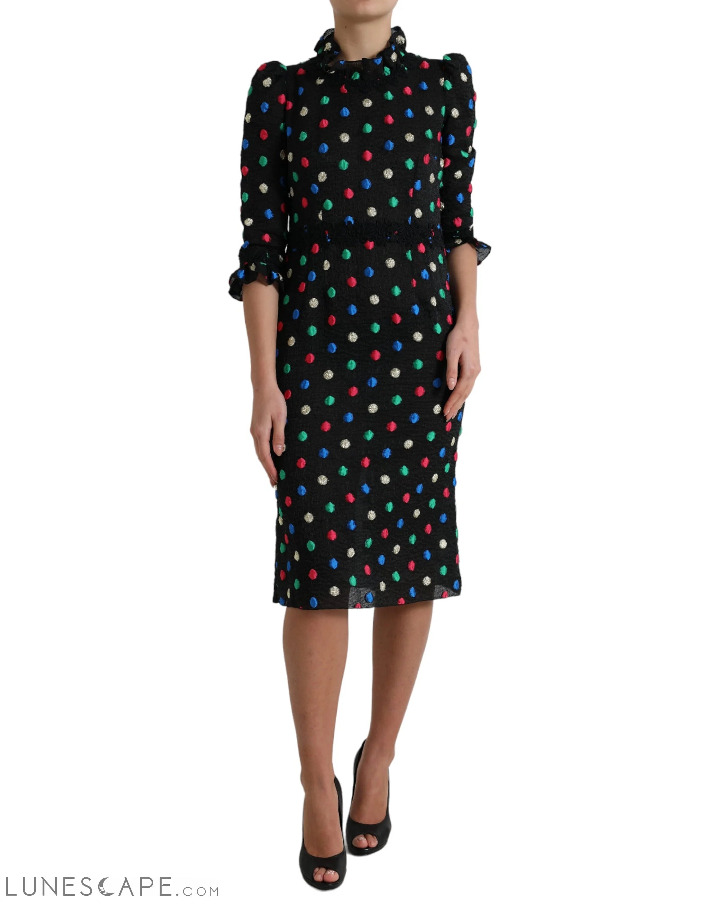 Weekend Best Deals Dolce & Gabbana Elegant High Neck Polka Dot Midi Dress
