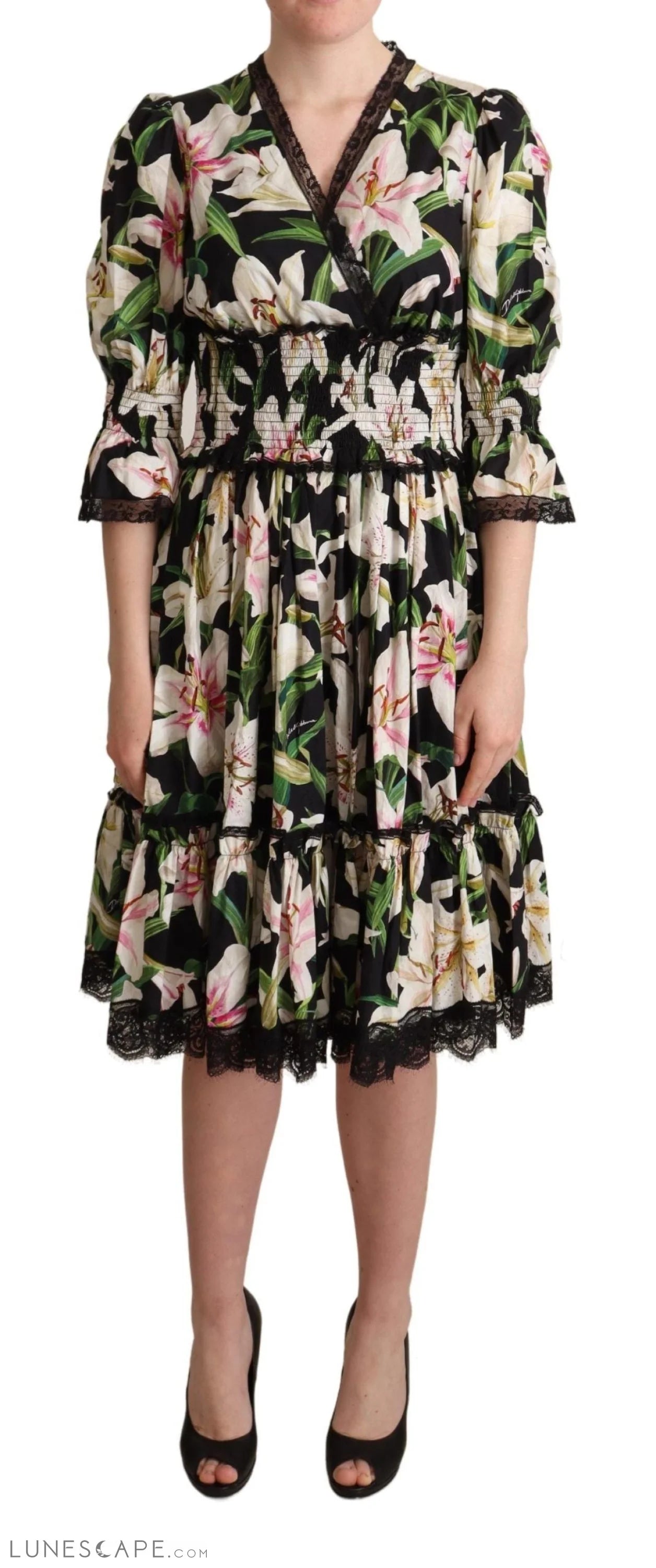 Weekend Massive Discounts Dolce & Gabbana Elegant Lily Print Midi Dress with Lace Trim