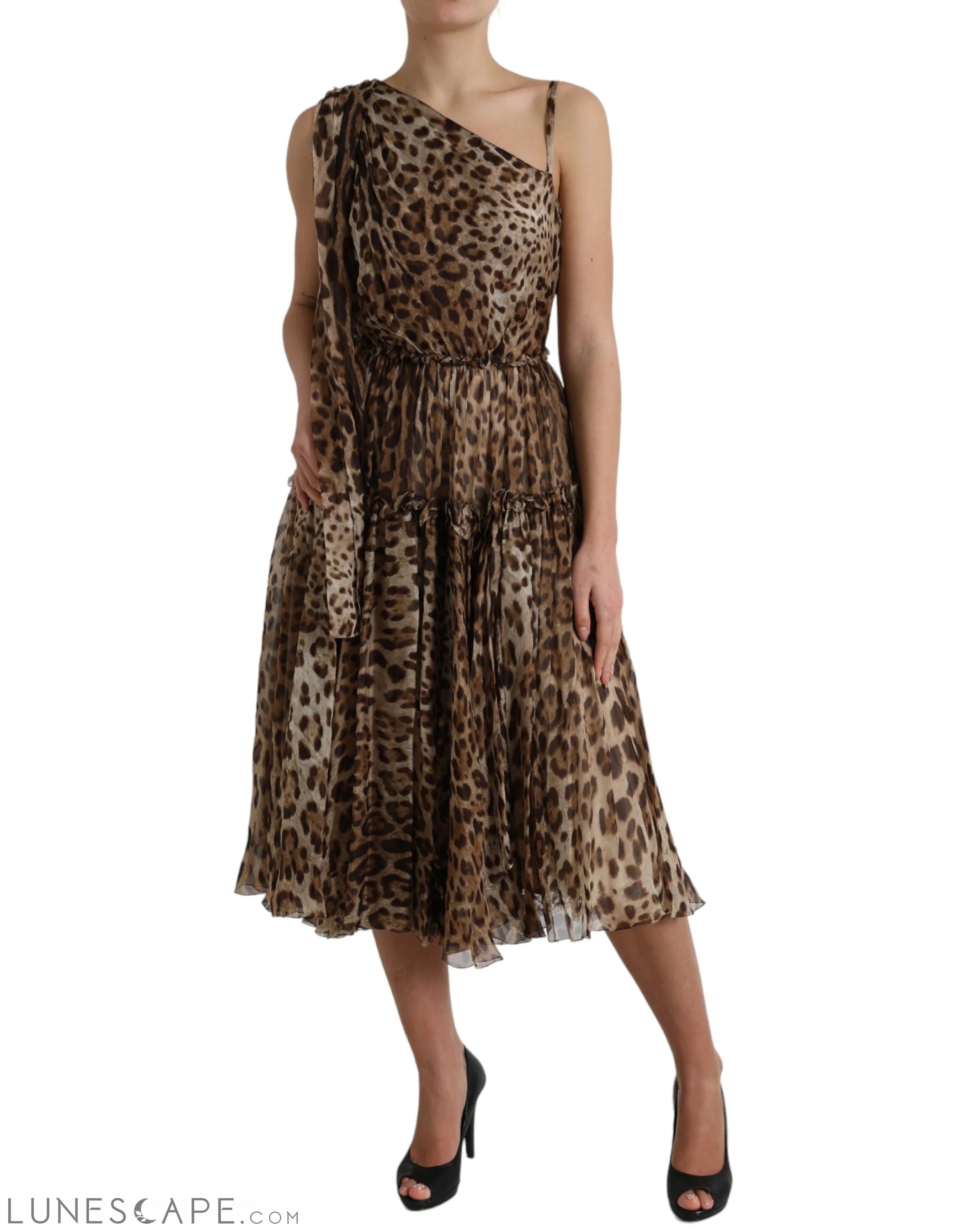 Weekend Deal Fest Dolce & Gabbana Elegant One-Shoulder Leopard Midi Dress