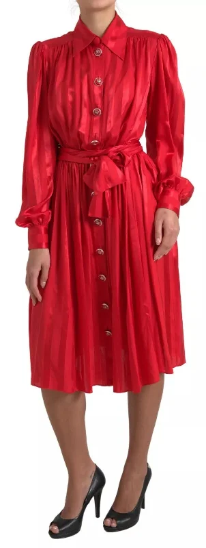 Weekend Steals Dolce & Gabbana Elegant Red Silk Midi Dress with Button Detail