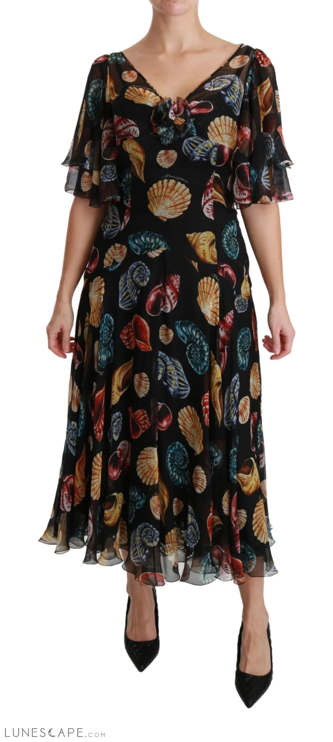 Mega Sale Dolce & Gabbana Elegant Sea Shells Print Silk Midi Dress