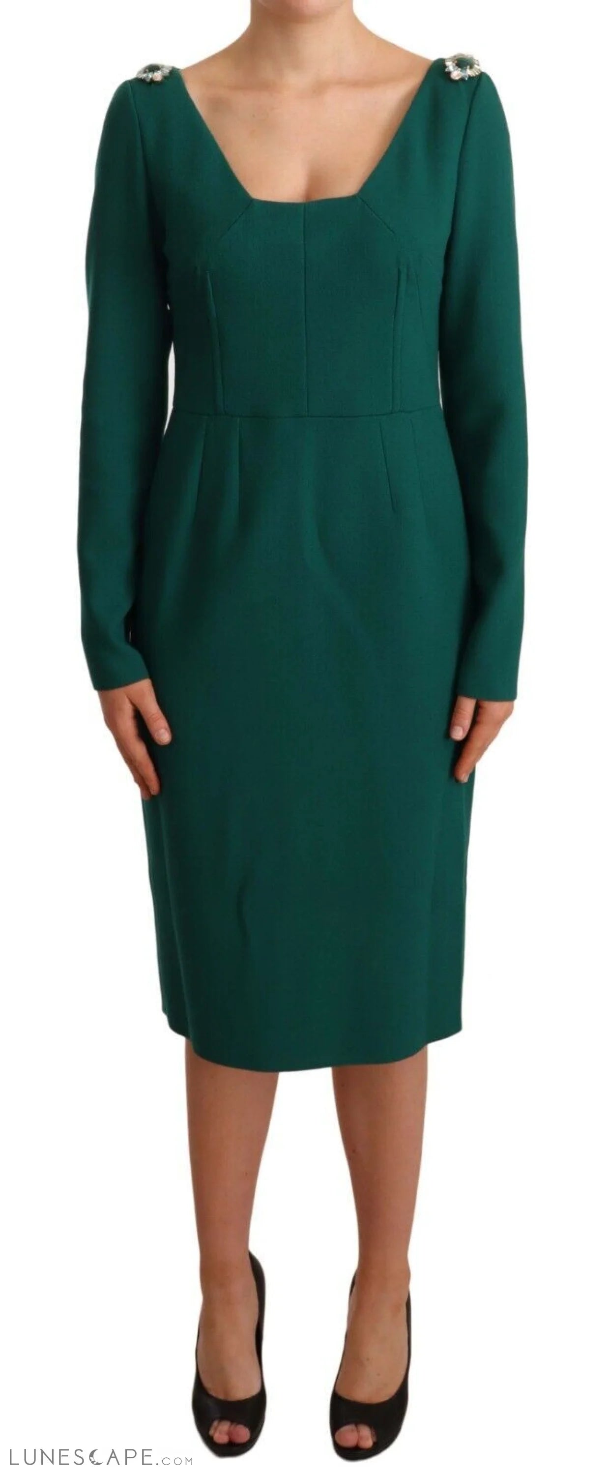 Weekend Only Savings Dolce & Gabbana Emerald Green Midi Sheath Dress with Crystal Brooch