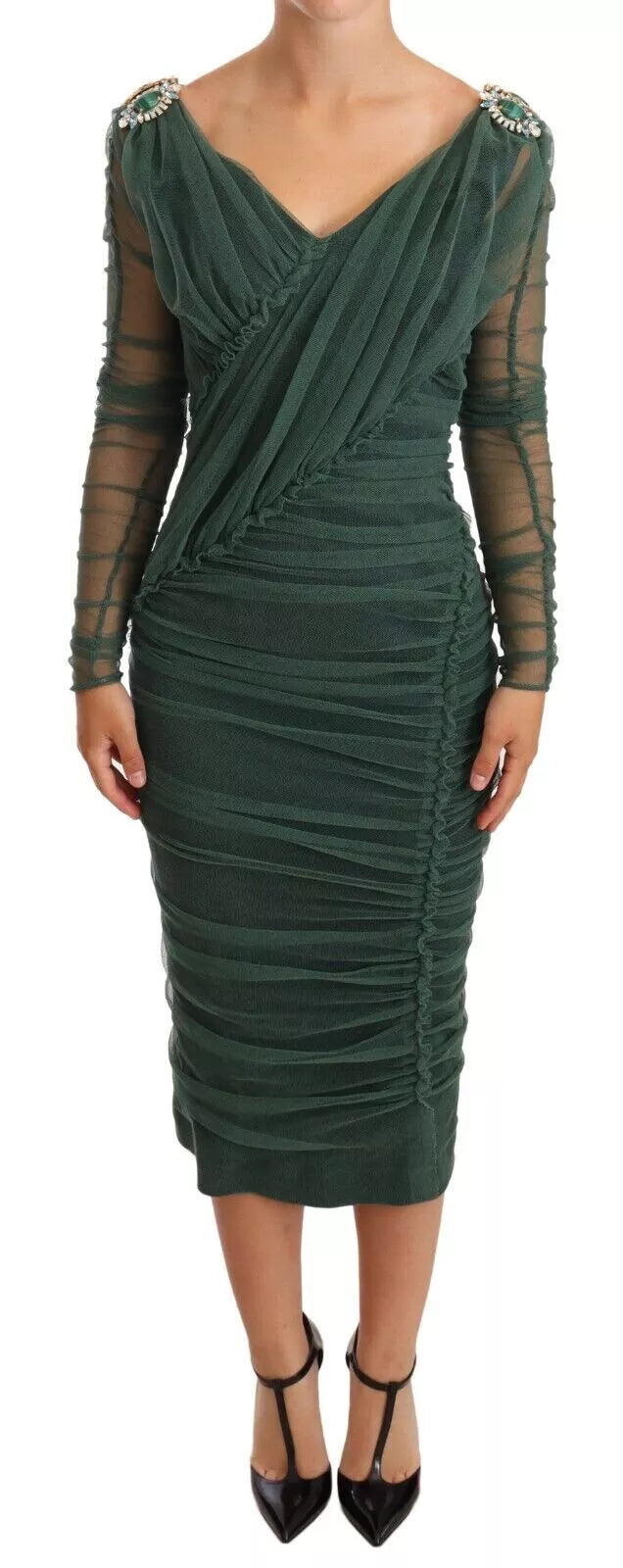Weekend Special Shopping Event Dolce & Gabbana Green Ruched Stretch Tulle Crystal Midi Dress Weekend Special Shopping Event Dolce & Gabbana Green Ruched Stretch Tulle Crystal Midi Dress