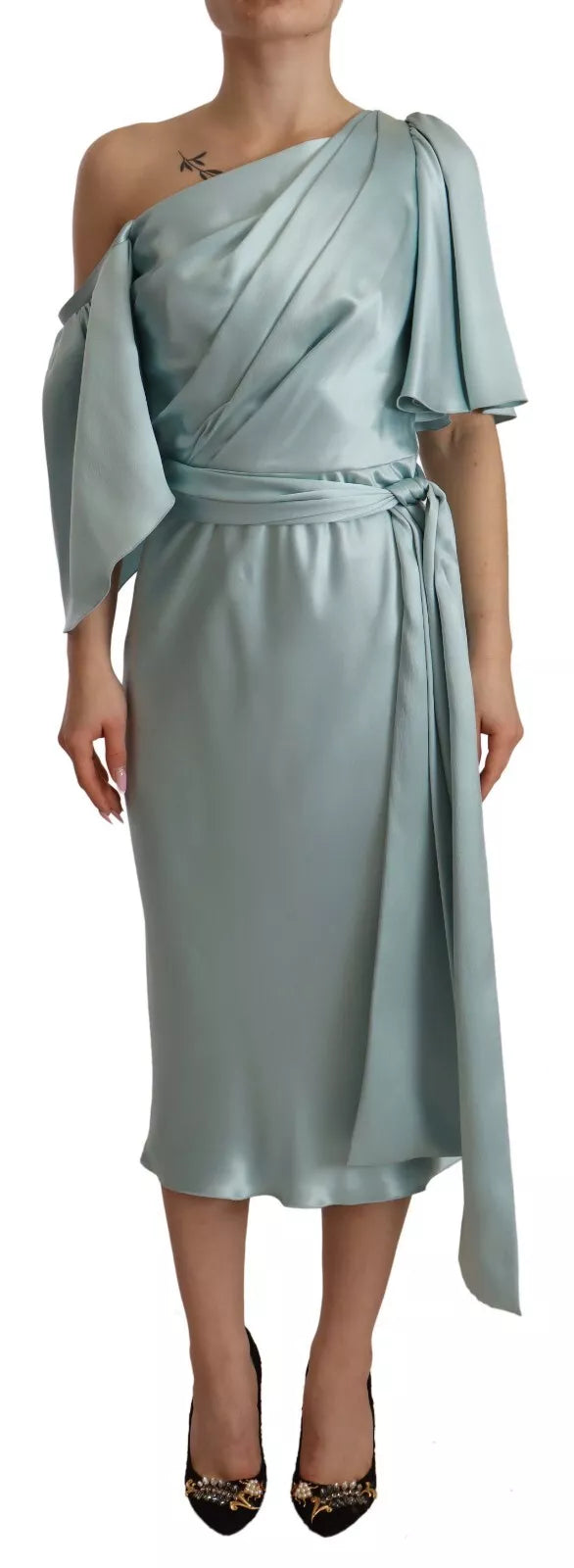 Weekend Low Prices Dolce & Gabbana Silk Mint Green Fit Cut One Shoulder Midi Dress