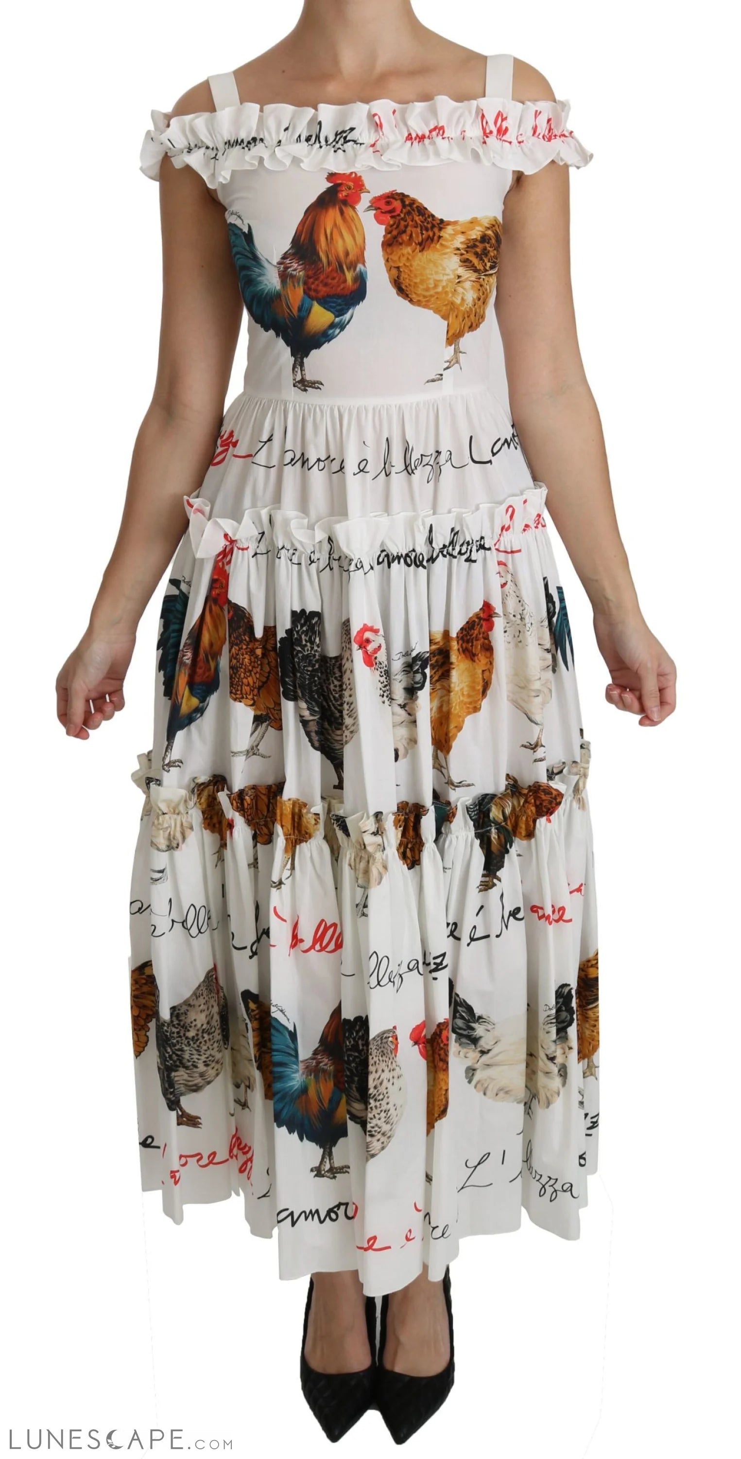 Today's Offer Dolce & Gabbana Elegant White Rooster Print Sheath Midi Dress