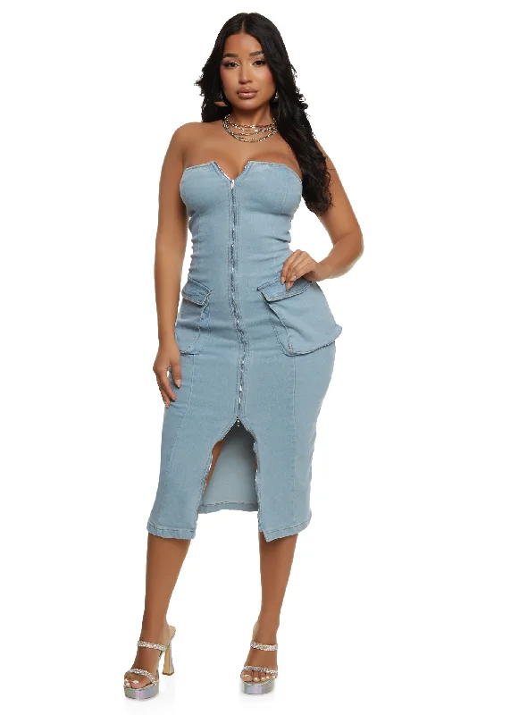 Weekend Big Savings Daisy Denim Zip Front Cargo Pocket Midi Dress